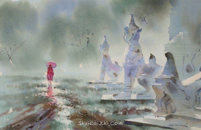 缅甸画家Myoe Win Aung水彩画作品欣赏