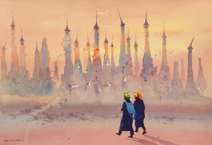 缅甸画家Myoe Win Aung水彩画作品欣赏