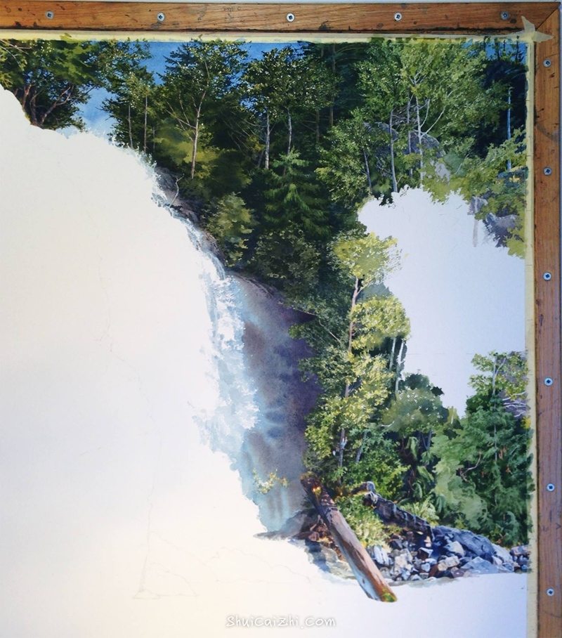 加拿大Carol Evans风景水彩瀑布绘画过程