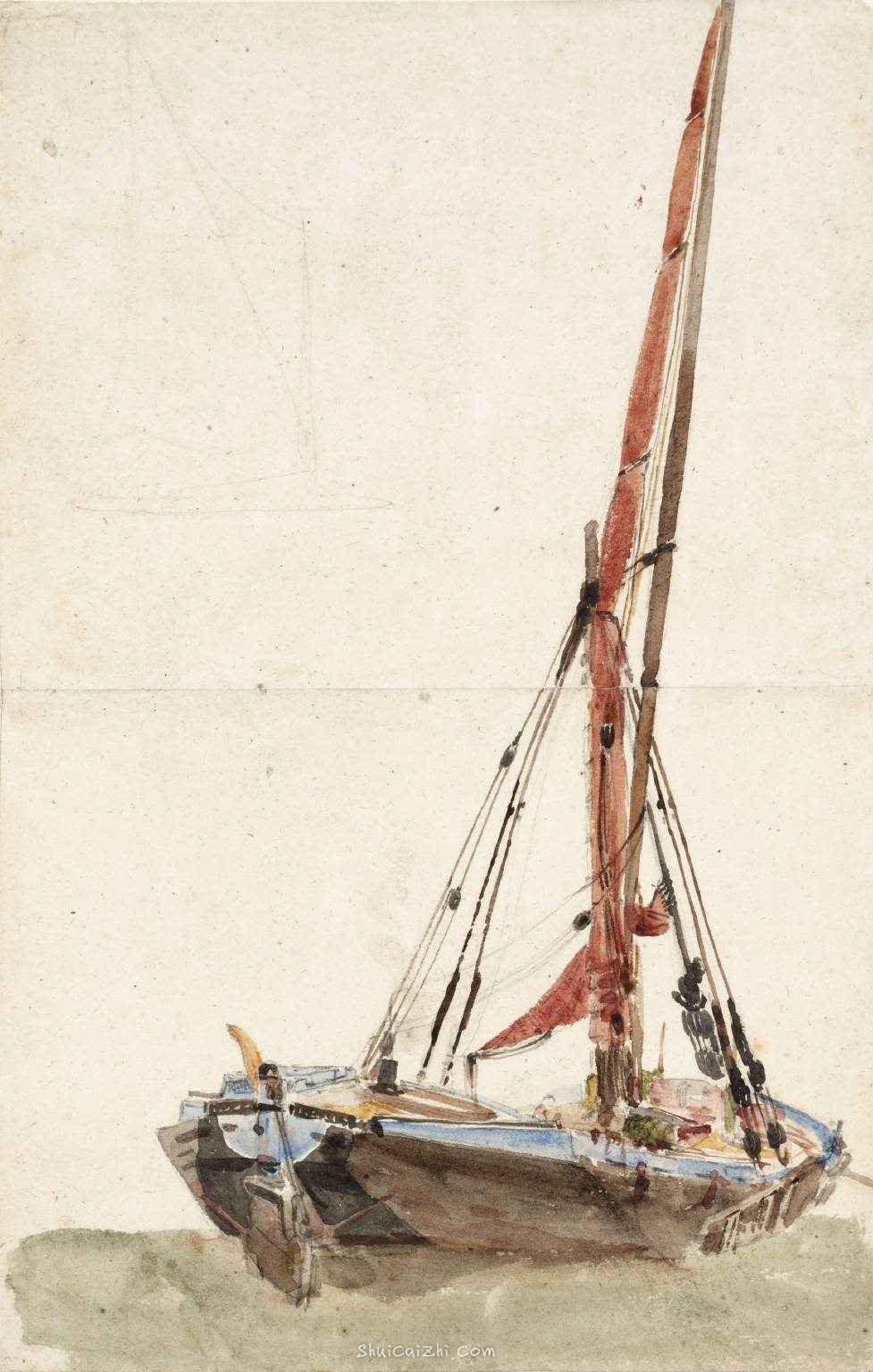 A Ship. Verso: Open Landscape null by David Cox 1783-1859