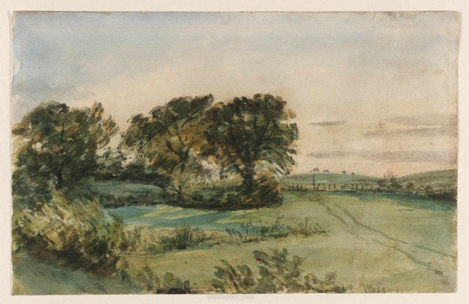 Landscape, trees and meadows. Verso: Four Studies of Children null by John Constable 1776-1837
