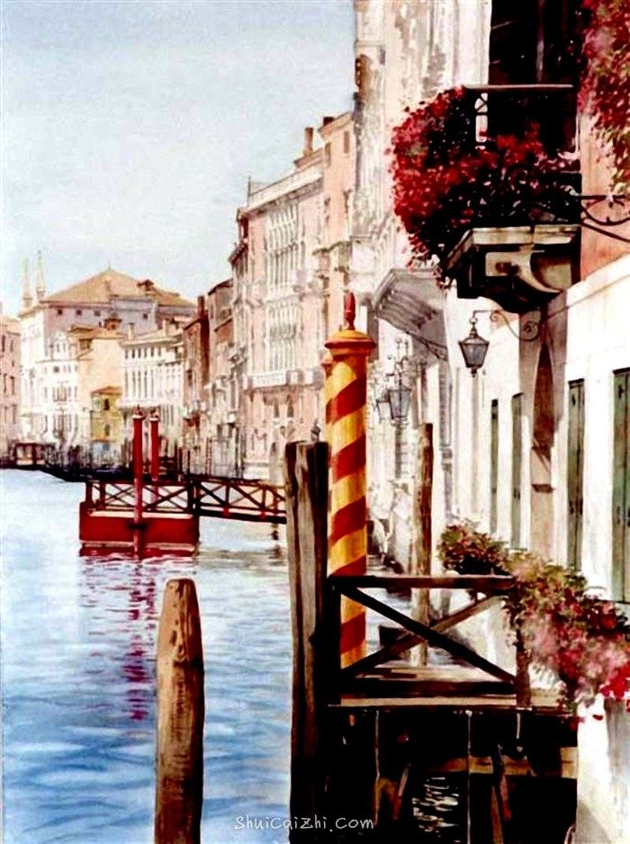 波兰PaulDmoch水上威尼斯建筑风景水彩画-8