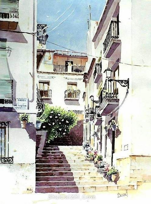 西班牙画家Duart Acuarelas美丽的街景水彩-15
