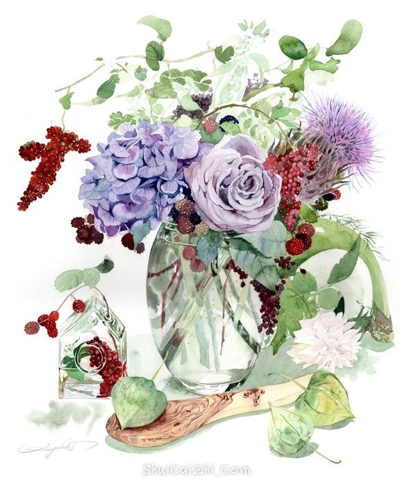 日本柘植彩子Ayako Tsuge的花卉静物水彩画-33