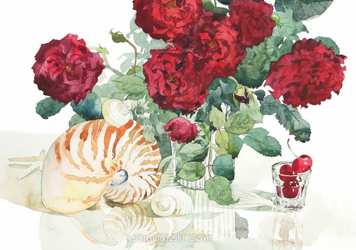 日本柘植彩子Ayako Tsuge的花卉静物水彩画-43