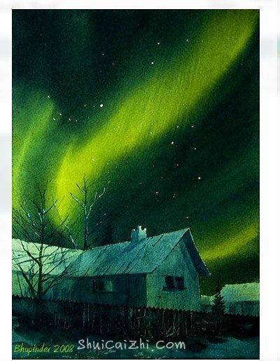 夜晚星空北极光风景水彩画教程
