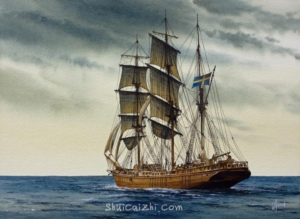 james Williamson航海帆船风景水彩画作品1
