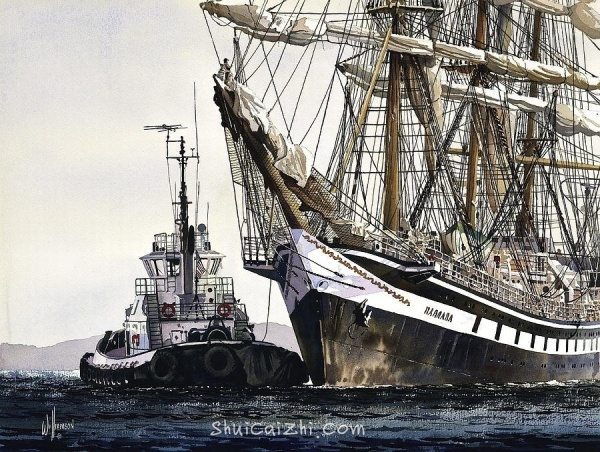 james Williamson航海帆船风景水彩画作品4