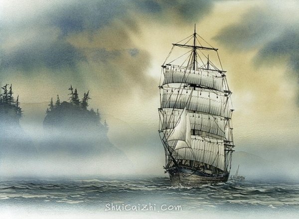 James Williamson航海帆船风景水彩画作品10