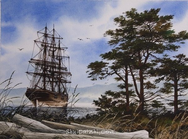 James Williamson航海帆船风景水彩画作品12