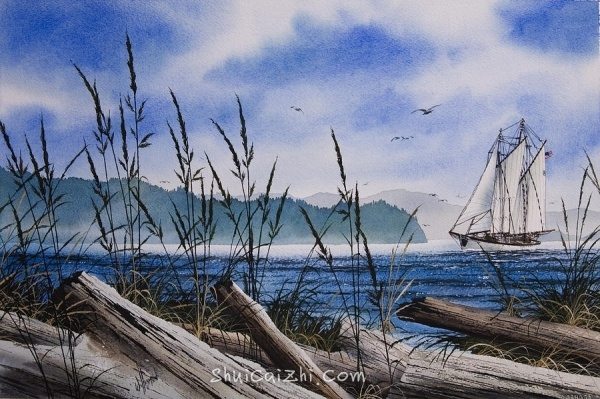 James Williamson航海帆船风景水彩画作品14