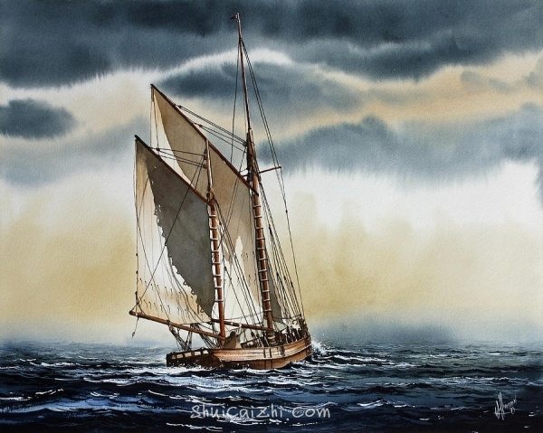 James Williamson航海帆船风景水彩画作品19
