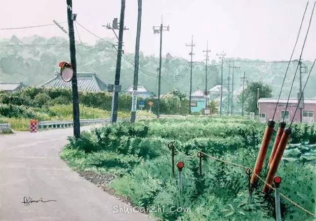 小镇一角 田中己永风景水彩画作品