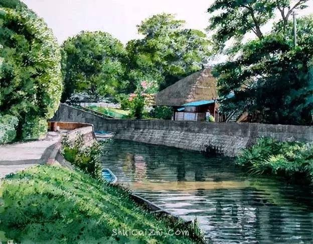 小镇一角 田中己永风景水彩画作品