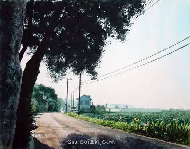 小镇一角 田中己永风景水彩画作品