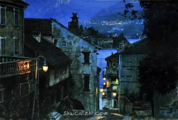 小镇一角 田中己永风景水彩画作品