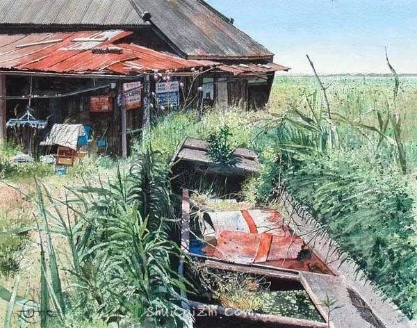 小镇一角 田中己永风景水彩画作品