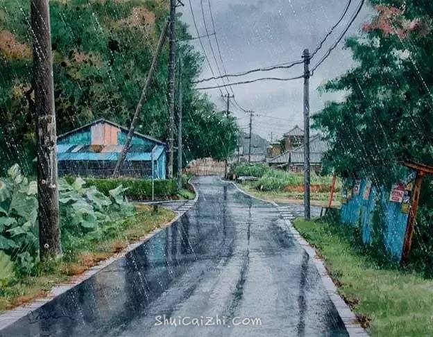 小镇一角 田中己永风景水彩画作品