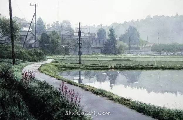 小镇一角 田中己永风景水彩画作品
