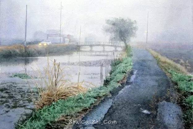 小镇一角 田中己永风景水彩画作品