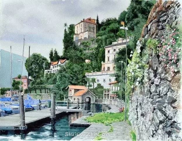 小镇一角 田中己永风景水彩画作品