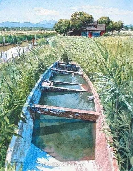 小镇一角 田中己永风景水彩画作品