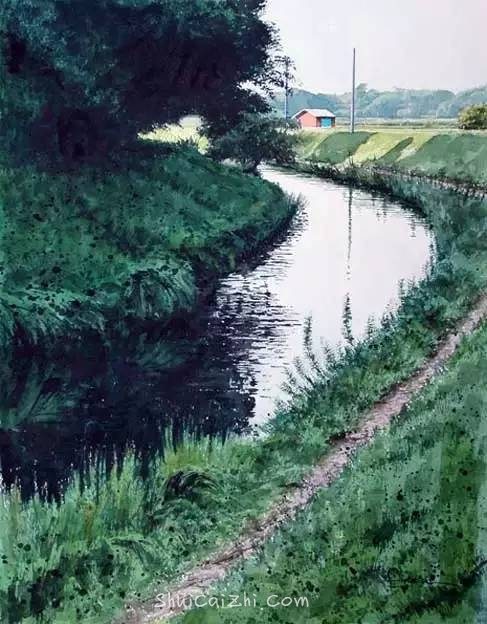 小镇一角 田中己永风景水彩画作品