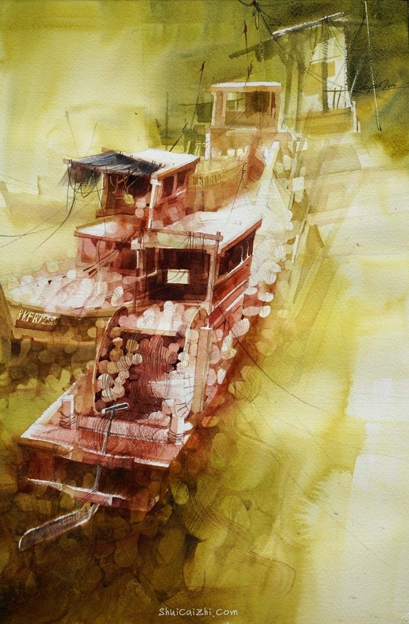 杨觉升关于船的传说水彩画作品欣赏-4