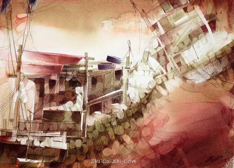 杨觉升关于船的传说水彩画作品欣赏-16