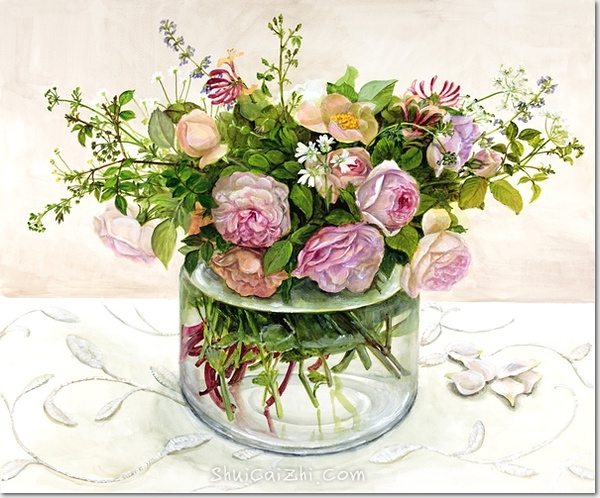 桥本不二子的瓶中插花花卉水彩画