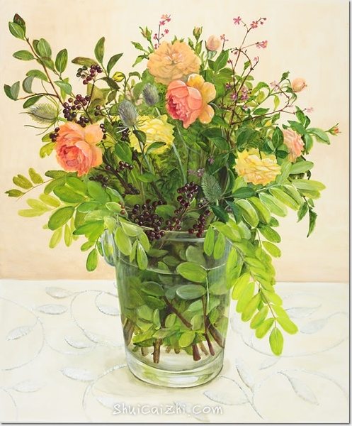 桥本不二子的瓶中插花花卉水彩画