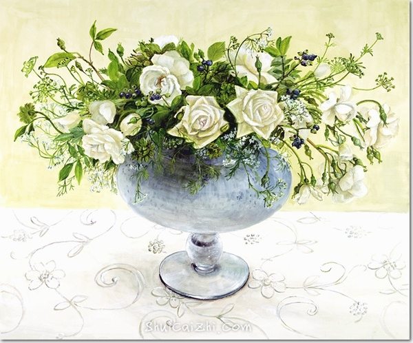 桥本不二子的瓶中插花花卉水彩画