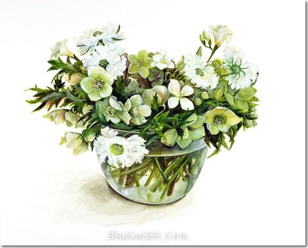 桥本不二子的瓶中插花花卉水彩画