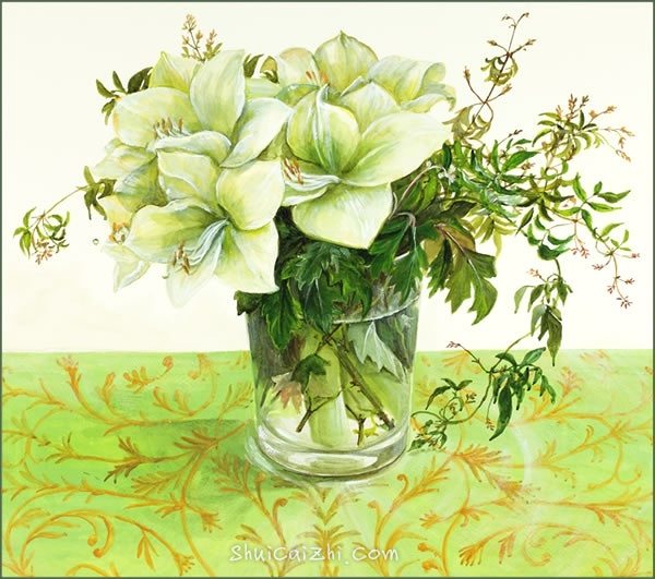 桥本不二子的瓶中插花花卉水彩画