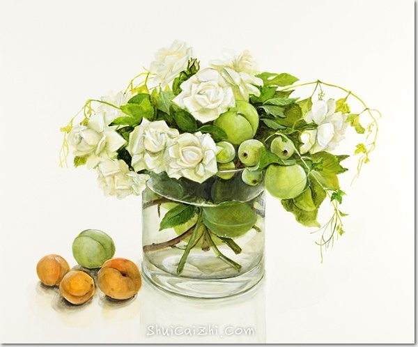 桥本不二子的瓶中插花花卉水彩画
