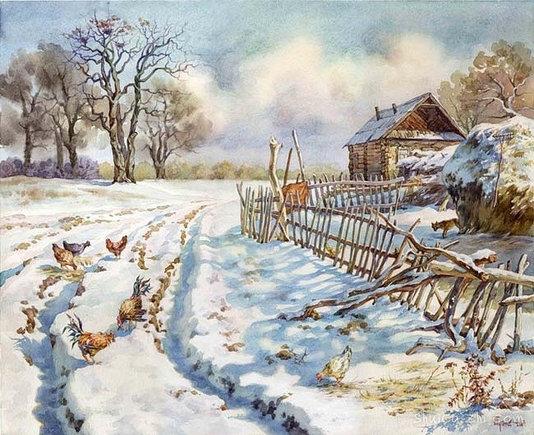 俄罗斯画家Pugachev,Paul S雪景风景水彩画