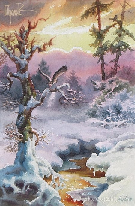 俄罗斯画家Pugachev,Paul S雪景风景水彩画